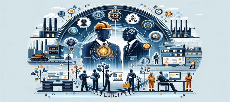Infographic showing the collaboration between AI and EHS managers in workplace safety. The image is divided into two sections: the left side highlights AI capabilities like real-time monitoring, predictive analysis, and automated compliance checks, represented with futuristic icons and graphics. The right side focuses on the roles of EHS managers, emphasizing strategic planning, policy development, and employee engagement, illustrated with icons symbolizing human expertise and leadership. The background merges industrial and office settings, depicting the integration of technology and human skills for improved workplace safety.