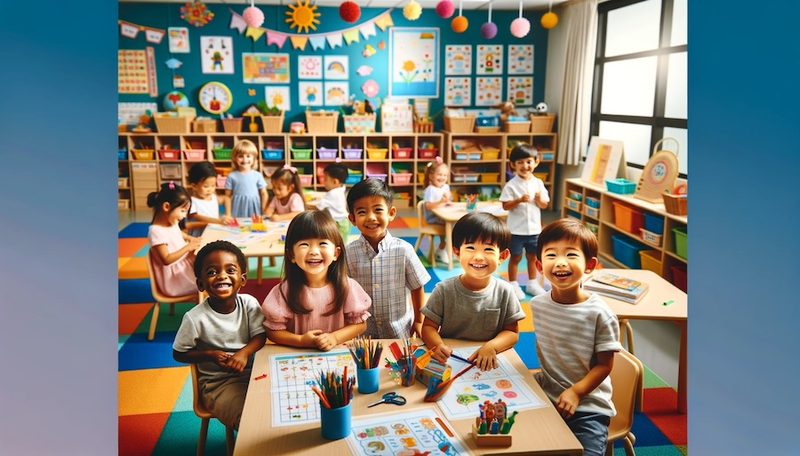 Happy children engaged in activities in a vibrant, culturally diverse preschool classroom in Singapore.