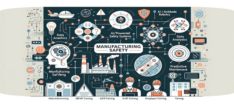 Abstract infographic showcasing key AI technologies in manufacturing safety, featuring minimalist icons for AI-Powered Safety Systems, AR/VR Training, Data Analytics, AI-Enabled Robotics, Predictive Maintenance, and Employee Training, set against a professional color palette relevant to the manufacturing industry.
