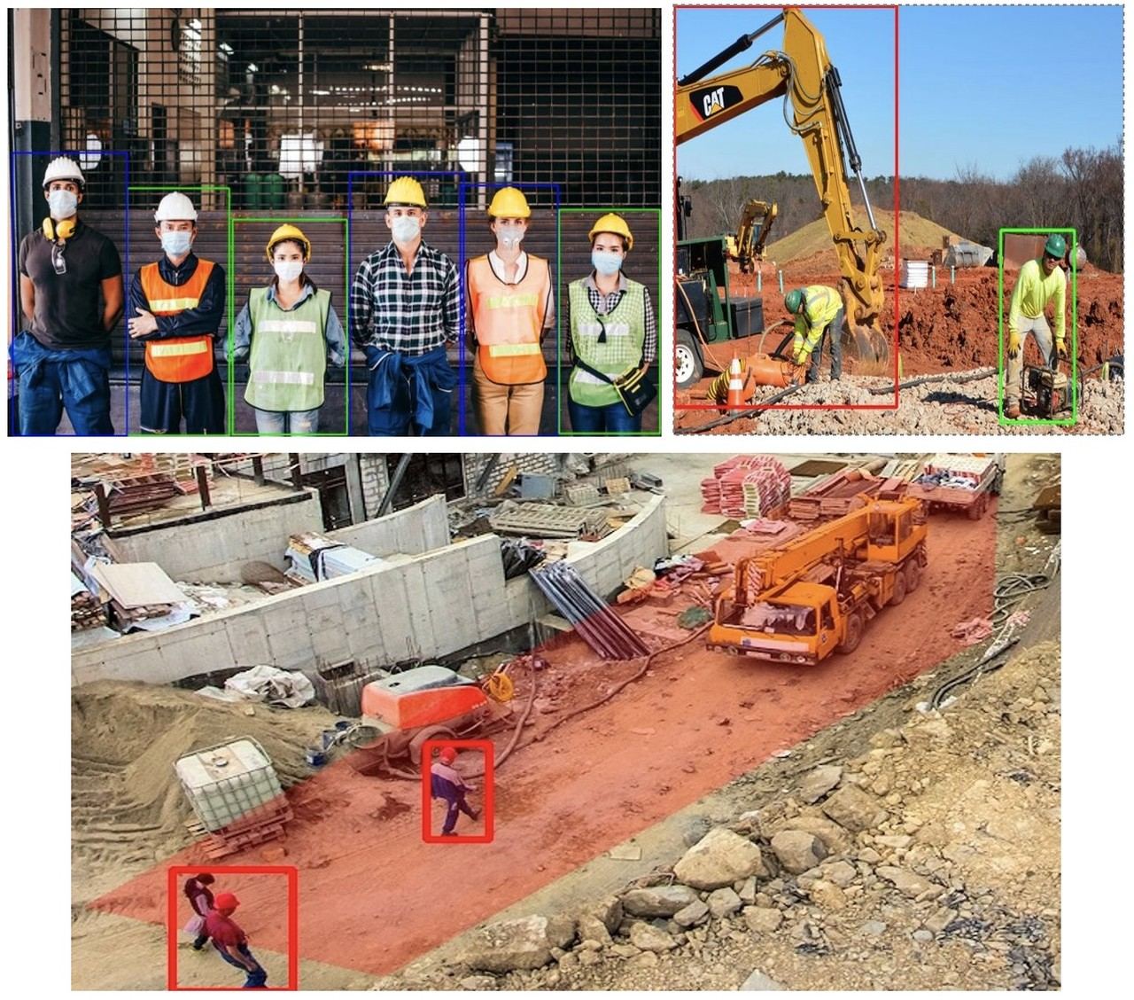 Worker on a construction site with AI-detected PPE compliance overlay